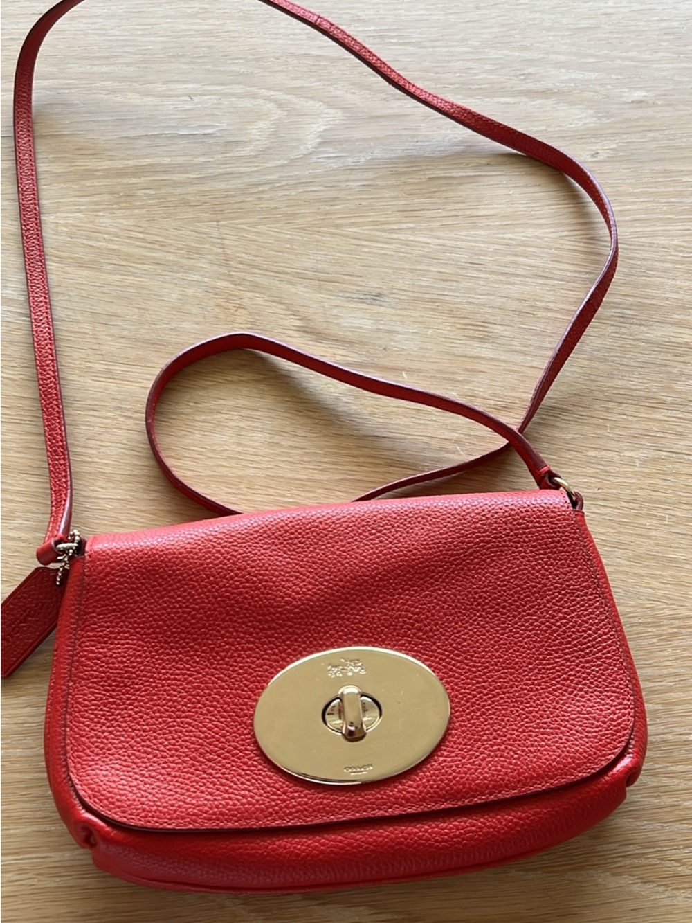 Coach Red Pebbled Leather Crossbody with Gold Turnlock